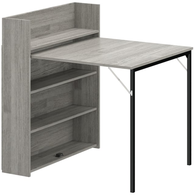HOMCOM Kitchen Table, Folding Dining Table, with 4-Tier Shelves, Modern Drop-Leaf Table, Grey Wood Effect - image 1