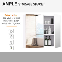 HOMCOM Wall Mounted Bathroom Mirror Cabinet, Double Door Storage Cupboard with Adjustable Shelf, 60H x 70W x 15D cm, White - Aosom UK - thumbnail 6