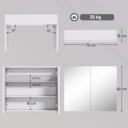 HOMCOM Wall Mounted Bathroom Mirror Cabinet, Double Door Storage Cupboard with Adjustable Shelf, 60H x 70W x 15D cm, White - Aosom UK - thumbnail 3