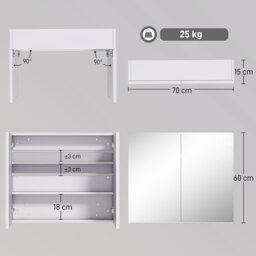 HOMCOM Wall Mounted Bathroom Mirror Cabinet, Double Door Storage Cupboard with Adjustable Shelf, 60H x 70W x 15D cm, White - Aosom UK - thumbnail 3