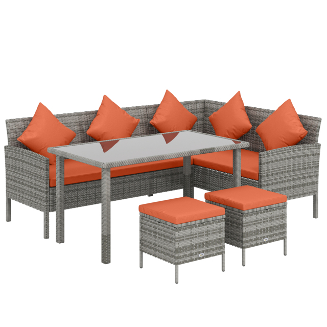 Outsunny 6-Seater Rattan Dining Set Sofa Table Footstool Outdoor w/ Cushion Garden Furniture, Orange - image 1