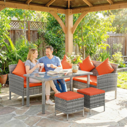 Outsunny 6-Seater Rattan Dining Set Sofa Table Footstool Outdoor w/ Cushion Garden Furniture, Orange - thumbnail 2