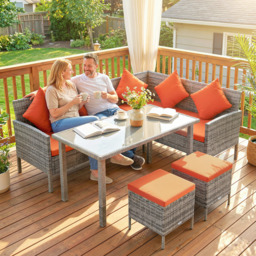 Outsunny 6-Seater Rattan Dining Set Sofa Table Footstool Outdoor w/ Cushion Garden Furniture, Orange - thumbnail 9