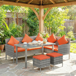 Outsunny 6-Seater Rattan Dining Set Sofa Table Footstool Outdoor w/ Cushion Garden Furniture, Orange - thumbnail 2
