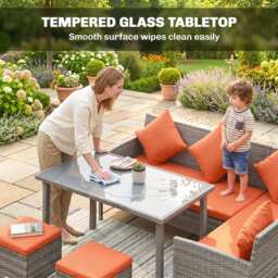 Outsunny 6-Seater Rattan Dining Set Sofa Table Footstool Outdoor w/ Cushion Garden Furniture, Orange - thumbnail 7