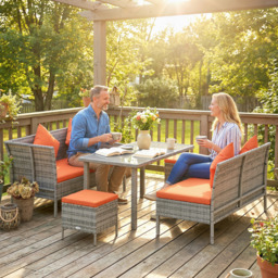 Outsunny 6-Seater Rattan Dining Set Sofa Table Footstool Outdoor w/ Cushion Garden Furniture, Orange - thumbnail 8