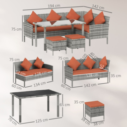 Outsunny 6-Seater Rattan Dining Set Sofa Table Footstool Outdoor w/ Cushion Garden Furniture, Orange - thumbnail 3