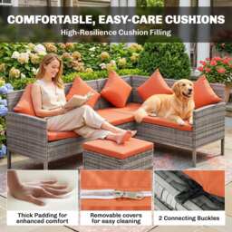 Outsunny 6-Seater Rattan Dining Set Sofa Table Footstool Outdoor w/ Cushion Garden Furniture, Orange - thumbnail 5