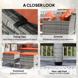 Outsunny 6-Seater Rattan Dining Set Sofa Table Footstool Outdoor w/ Cushion Garden Furniture, Orange - thumbnail 7