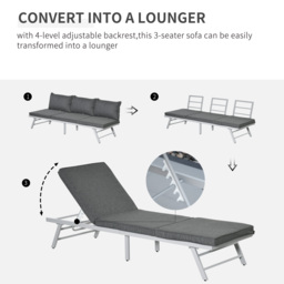 Outsunny 3 Pcs Garden Seating Set w/ Convertible Sofa Lounge Table Padded Cushions Outdoor Patio Furniture Couch Grey - thumbnail 5