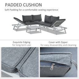 Outsunny 3 Pcs Garden Seating Set w/ Convertible Sofa Lounge Table Padded Cushions Outdoor Patio Furniture Couch Grey - thumbnail 7