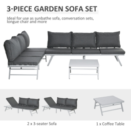 Outsunny 3 Pcs Garden Seating Set w/ Convertible Sofa Lounge Table Padded Cushions Outdoor Patio Furniture Couch Grey - thumbnail 4