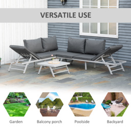 Outsunny 3 Pcs Garden Seating Set w/ Convertible Sofa Lounge Table Padded Cushions Outdoor Patio Furniture Couch Grey - thumbnail 8