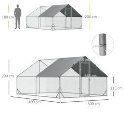 PawHut Walk-In Chicken Coop Run Cage, Large Galvanized Chicken House, Hen Poultry House Pet Playpen w/ Water-Resist Cover, 3 x 4 x 2m - Aosom UK - thumbnail 3