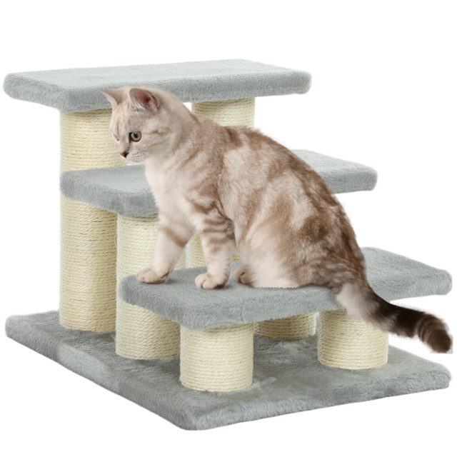 PawHut Pet Stairs 3-step Pet Ladder Cat dog Stairs Climb Ladder Cat Tree, Grey - image 1