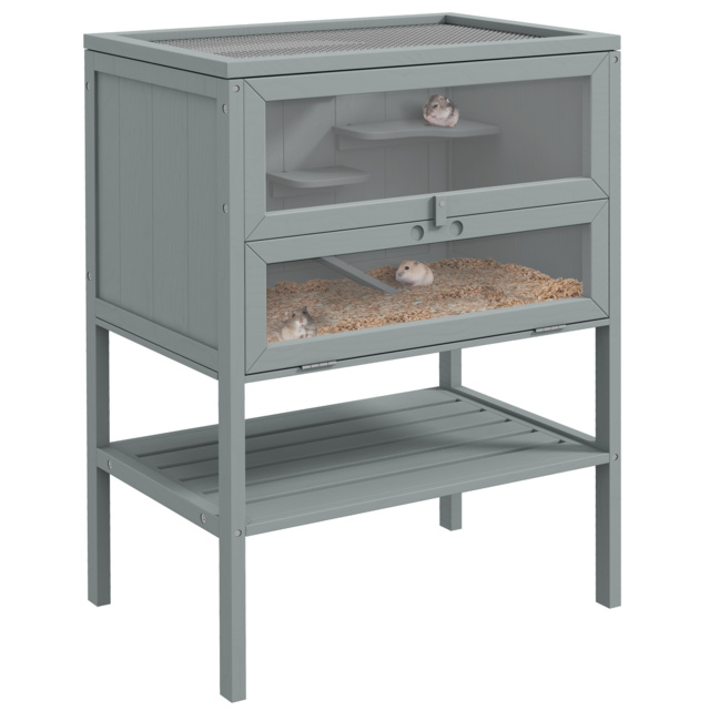 PawHut Wooden Hamster Cage 3 Tier House w/ Storage Shelf, Openable Top for Gerbils, Grey - image 1