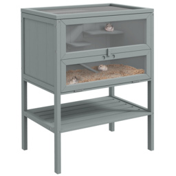 PawHut Wooden Hamster Cage 3 Tier House w/ Storage Shelf, Openable Top for Gerbils, Grey - thumbnail 1