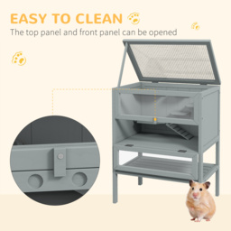 PawHut Wooden Hamster Cage 3 Tier House w/ Storage Shelf, Openable Top for Gerbils, Grey - thumbnail 5