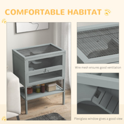 PawHut Wooden Hamster Cage 3 Tier House w/ Storage Shelf, Openable Top for Gerbils, Grey - thumbnail 6