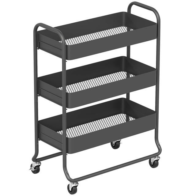 HOMCOM 3-Tier Storage Trolley on Wheels, Rolling Utility Cart with Mesh Backets for Kitchen, Bathroom, Bedroom, Black - image 1