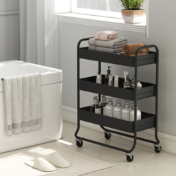 HOMCOM 3-Tier Storage Trolley on Wheels, Rolling Utility Cart with Mesh Backets for Kitchen, Bathroom, Bedroom, Black - thumbnail 9
