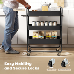 HOMCOM 3-Tier Storage Trolley on Wheels, Rolling Utility Cart with Mesh Backets for Kitchen, Bathroom, Bedroom, Black - thumbnail 5