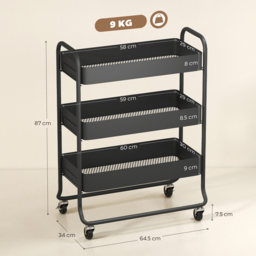 HOMCOM 3-Tier Storage Trolley on Wheels, Rolling Utility Cart with Mesh Backets for Kitchen, Bathroom, Bedroom, Black - thumbnail 3