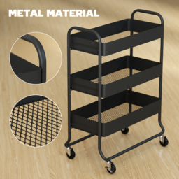 HOMCOM 3-Tier Storage Trolley on Wheels, Rolling Utility Cart with Mesh Backets for Kitchen, Bathroom, Bedroom, Black - thumbnail 6