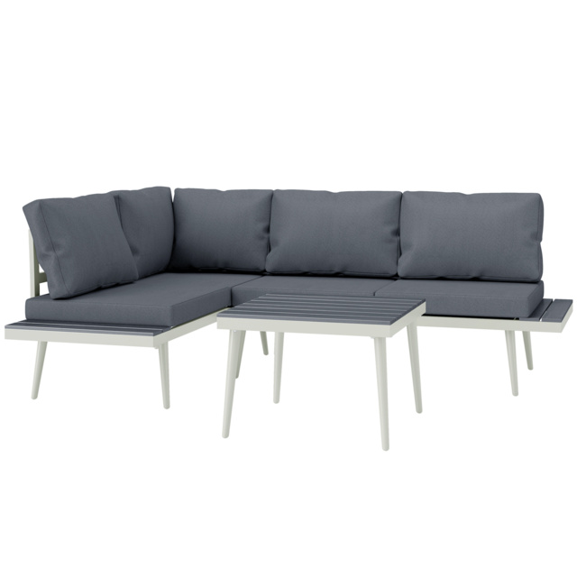 Outsunny 3 Piece Garden Furniture Set with 5-Level Adjustable Lounger, L Shaped Garden Corner Sofa with Cushions, Mesh Seat, Slatted Wood-Grain Table, Outdoor Furniture Set for Conservatory, Grey - image 1