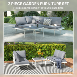 Outsunny 3 Piece Garden Furniture Set with 5-Level Adjustable Lounger, L Shaped Garden Corner Sofa with Cushions, Mesh Seat, Slatted Wood-Grain Table, Outdoor Furniture Set for Conservatory, Grey - thumbnail 4