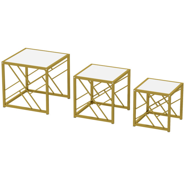 HOMCOM Nesting Coffee Tables, Set of 3 Square Side Tables with Black Metal Frame, for Living Room, Bedroom and Office, White - image 1