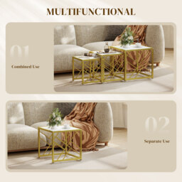 HOMCOM Nesting Coffee Tables, Set of 3 Square Side Tables with Black Metal Frame, for Living Room, Bedroom and Office, White - thumbnail 6