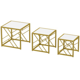 HOMCOM Nesting Coffee Tables, Set of 3 Square Side Tables with Black Metal Frame, for Living Room, Bedroom and Office, White - thumbnail 1