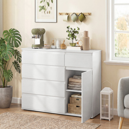 HOMCOM Modern Sideboard, Sideboard Storage Cabinet with 5 Drawers, Adjustable Shelf, Soft-Close Door, White - thumbnail 2