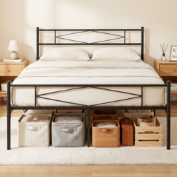 HOMCOM 4ft6 Double Bed Frame with Headboard and Footboard, Metal Platform Bed Frame with 32 cm Underbed Storage, Black - thumbnail 2