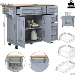 Multifunctional Kitchen Island with 3 Adjustable Shelves, Space-Saving Serving Trolley for Kitchen Use, 110L x 45-75W x 92H cm, Blue - Aosom UK - thumbnail 3