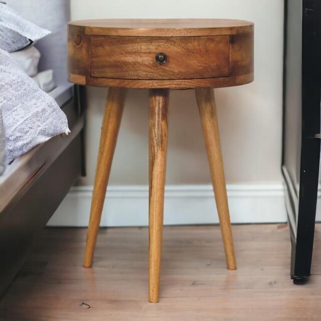 Solid Mango Wood Mini Circular Bedside Table with Smooth-Glide Drawer and Oak-Effect Finish, Desk for Bedroom, 32L x 40W x 52H cm, Brown - Aosom UK - image 1
