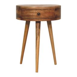 Solid Mango Wood Mini Circular Bedside Table with Smooth-Glide Drawer and Oak-Effect Finish, Desk for Bedroom, 32L x 40W x 52H cm, Brown - Aosom UK - thumbnail 2
