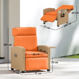 Outsunny 145° Reclining Rattan Armchair, with Footrest - Khaki/Orange - thumbnail 3