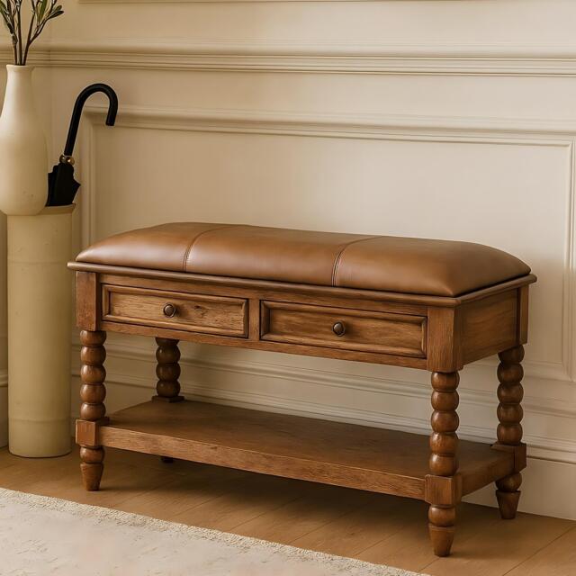 Solid Mango Wood Upholstered Spindle Bench with 2 Smooth‑gliding Drawers, Seat with Open Slot for Storage, 35L x 90W x 55H cm, Brown - Aosom UK - image 1