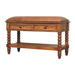 Solid Mango Wood Upholstered Spindle Bench with 2 Smooth‑gliding Drawers, Seat with Open Slot for Storage, 35L x 90W x 55H cm, Brown - Aosom UK - thumbnail 9