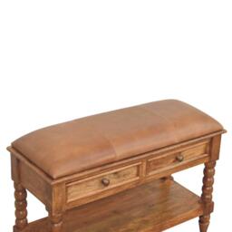 Solid Mango Wood Upholstered Spindle Bench with 2 Smooth‑gliding Drawers, Seat with Open Slot for Storage, 35L x 90W x 55H cm, Brown - Aosom UK - thumbnail 5