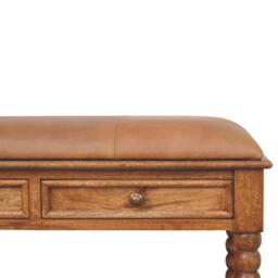 Solid Mango Wood Upholstered Spindle Bench with 2 Smooth‑gliding Drawers, Seat with Open Slot for Storage, 35L x 90W x 55H cm, Brown - Aosom UK - thumbnail 4