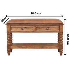 Solid Mango Wood Upholstered Spindle Bench with 2 Smooth‑gliding Drawers, Seat with Open Slot for Storage, 35L x 90W x 55H cm, Brown - Aosom UK - thumbnail 3