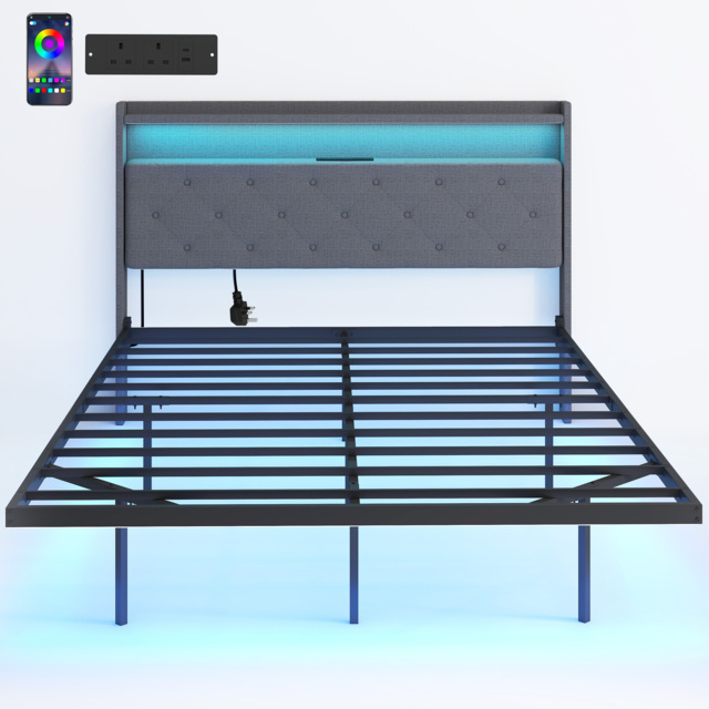 HOMCOM Floating Bed Frame, Upholstered 4ft6 Double Size Bed, Platform Bed with RGB LED Lights and Charging Station, Grey - image 1