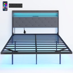 HOMCOM Floating Bed Frame, Upholstered 4ft6 Double Size Bed, Platform Bed with RGB LED Lights and Charging Station, Grey - thumbnail 1
