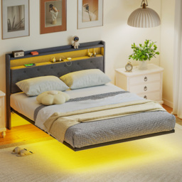 HOMCOM Floating Bed Frame, Upholstered 4ft6 Double Size Bed, Platform Bed with RGB LED Lights and Charging Station, Grey - thumbnail 2