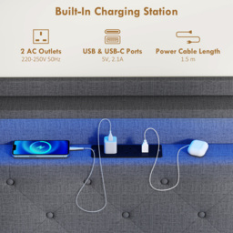 HOMCOM Floating Bed Frame, Upholstered 4ft6 Double Size Bed, Platform Bed with RGB LED Lights and Charging Station, Grey - thumbnail 6