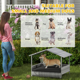 PawHut Extendable Elevated Dog Bed, Rattan Dog House, with Water-Resistant Roof, Removable Cushion, Charcoal Grey - thumbnail 7