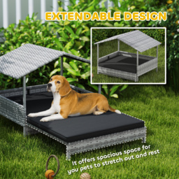 PawHut Extendable Elevated Dog Bed, Rattan Dog House, with Water-Resistant Roof, Removable Cushion, Charcoal Grey - thumbnail 4